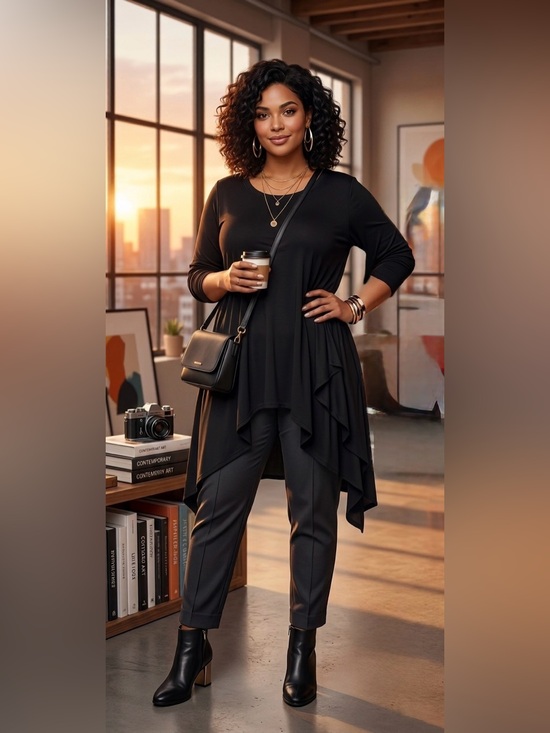 Cable & Gauge Tops - Cable & Gauge Black Long-Sleeve Asymmetric Tunic